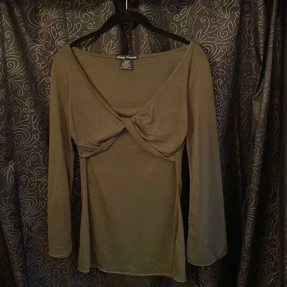 Olive green, twist bodice blouse with rough edge hem.